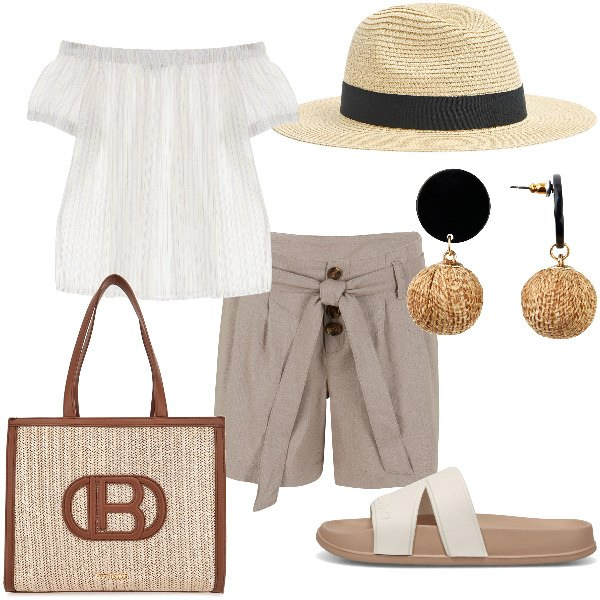 Outfit donna - Total look #1931410. Stile Trendy per Tutti i giorni. Abbinamento con orecchini, shorts, cappelli, sandali, bluse, borse a spalla.