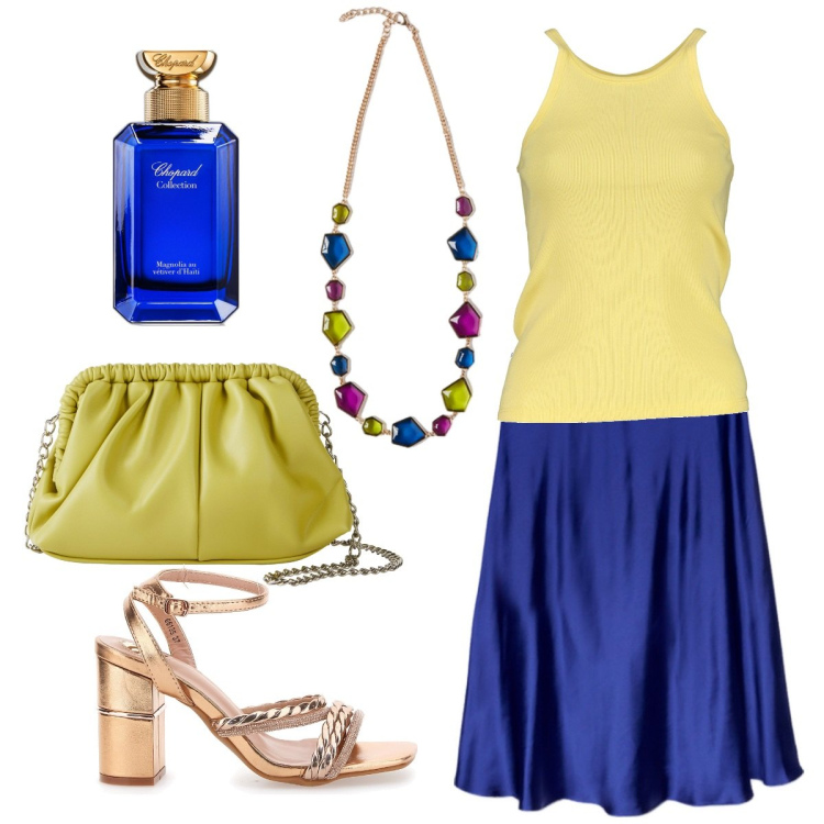 Outfit donna - Gonna in raso. Stile Glamour per Serata fuori. Abbinamento con borse a tracolla, profumi, gonne lunghe, canottiere, sandali col tacco, collane.