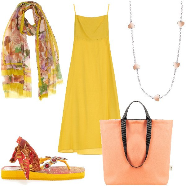 Outfit donna - Total look #1931419. Stile Trendy per Tutti i giorni. Abbinamento con collane, borse tote, vestiti midi/longuette, ciabatte, sciarpe.