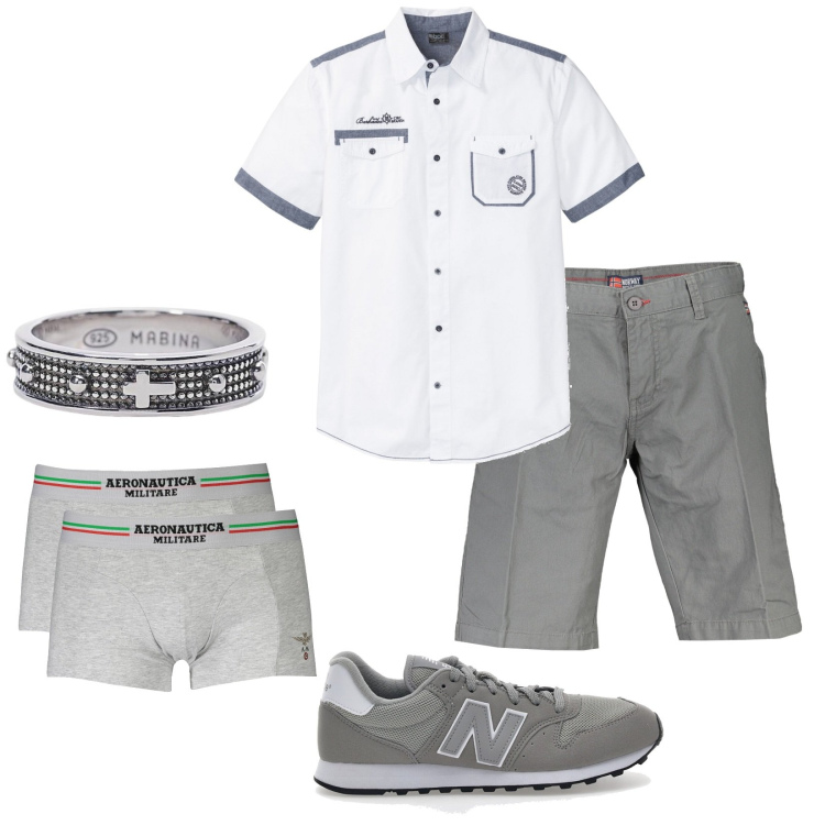 Outfit uomo - Bianco e grigio. Stile Trendy per Serata speciale. Abbinamento con camicie a manica corta, anelli, boxer, bermuda, sneakers.