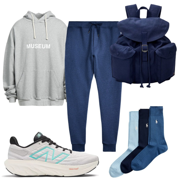 Outfit uomo - Total look #1931480. Stile Trendy per Sport. Abbinamento con felpe con cappuccio, scarpe sportive, calzini, pantaloni, borse sportive.