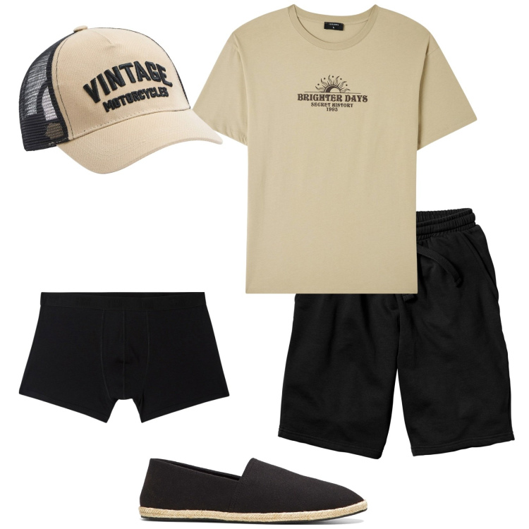 Outfit uomo - Total look #1931485. Stile Casual per Tutti i giorni. Abbinamento con espadrillas, bermuda, t-shirt, cappelli, boxer.