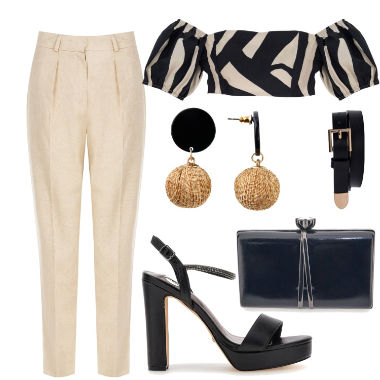 Outfit donna - Sabbia e nero. Stile Chic per Serata fuori. Abbinamento con orecchini, pantaloni, top, sandali col tacco, cinture, pochette.