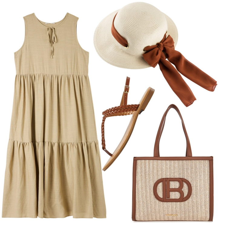 Outfit donna - Total look #1931496. Stile Boho per Mare. Abbinamento con cappelli, ciabatte, vestiti senza maniche, borse a spalla.