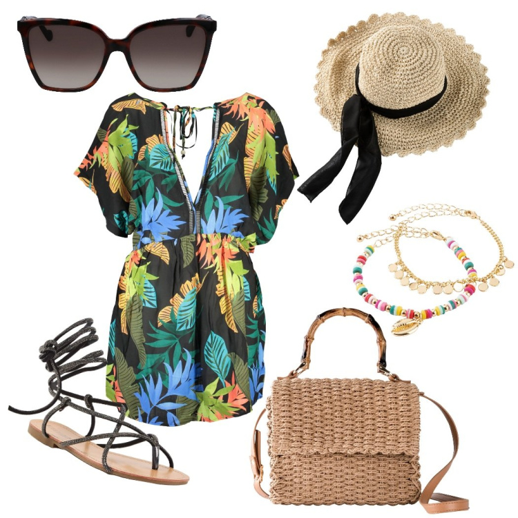 Outfit donna - Gita in barca a vela. Stile Basic per Mare. Abbinamento con cappelli, borse a mano, braccialetti con ciondoli, sandali alla schiava, vestiti corti, occhiali da sole.
