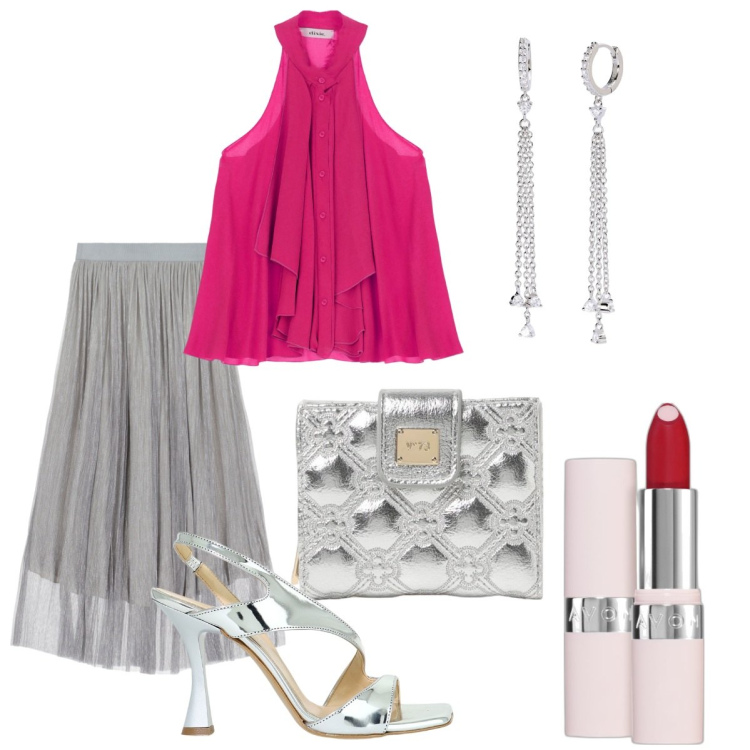 Outfit donna - Romantica per la Notte di San Lorenzo. Stile Romantica per Serata fuori. Abbinamento con rossetti, orecchini, gonne lunghe, sandali in pelle, top, portafogli.