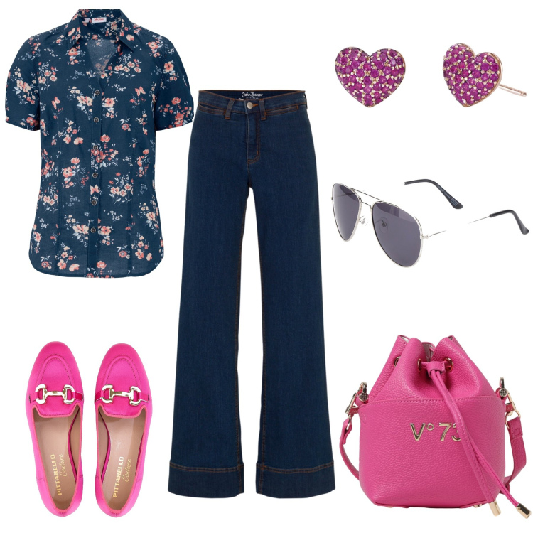 Outfit donna - Fucsia: i jeans con i mocassini. Stile Sporty chic per Tutti i giorni. Abbinamento con jeans, camicie a manica corta, orecchini, mocassini, occhiali da sole, borse a spalla.