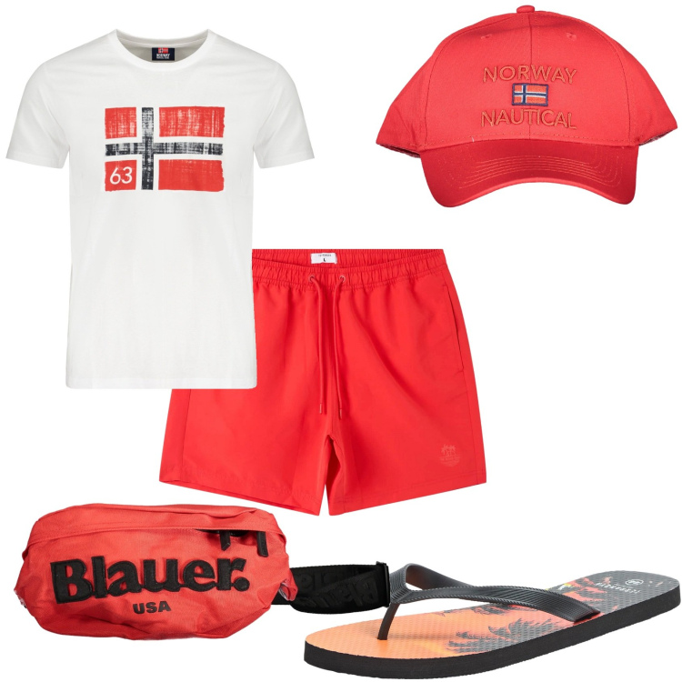 Outfit uomo - Vado al mare. Stile Casual per Mare. Abbinamento con sandali, bermuda, t-shirt, cappelli con visiera, borse sportive.