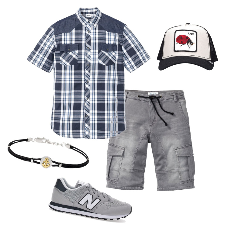 Outfit uomo - Easy. Stile Casual per Tutti i giorni. Abbinamento con bermuda, camicie a manica corta, braccialetti, cappelli, sneakers.
