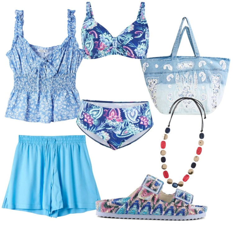 Outfit donna - Celestiale. Stile Casual per Mare. Abbinamento con bikini, shorts, top, shopping bag, sandali, collane.