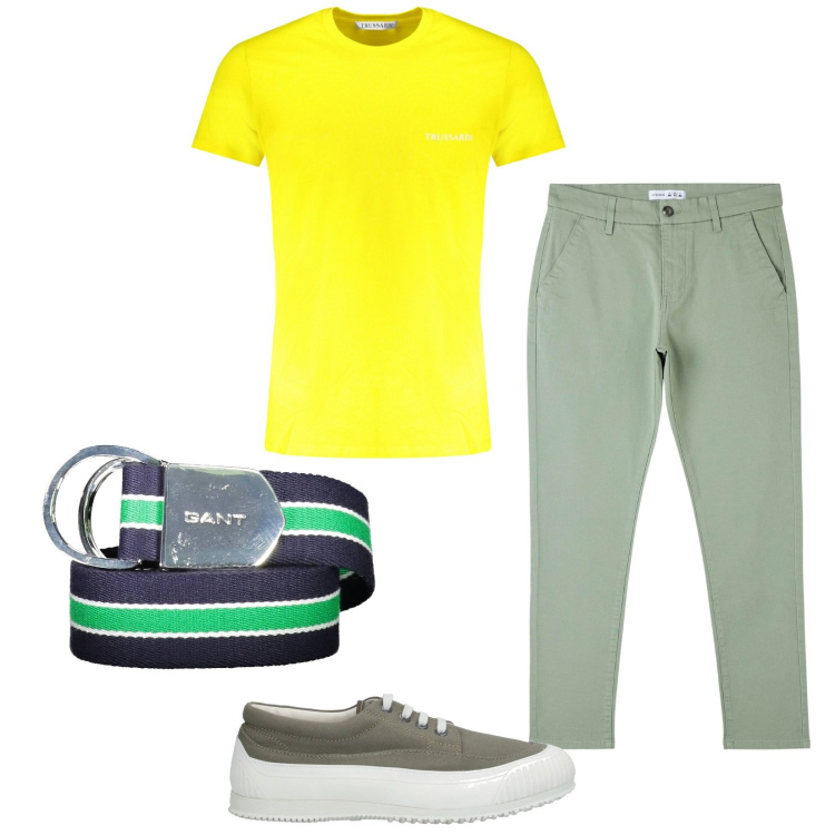 Outfit uomo - Yellow. Stile Casual per Tutti i giorni. Abbinamento con sneakers, pantaloni skinny, cinture, t-shirt.