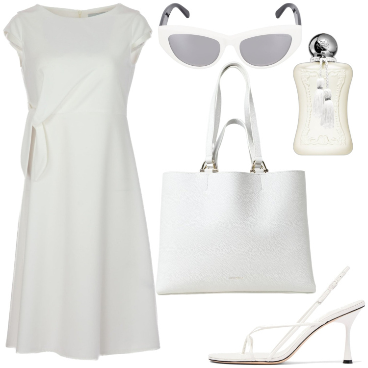 Outfit donna - All White. Stile Bon Ton per Tutti i giorni. Abbinamento con profumi, vestiti midi/longuette, sandali in pelle, borse tote, occhiali da sole.