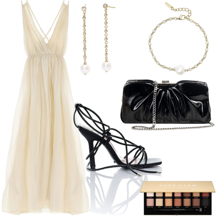Outfit donna - Una serata speciale. Stile Glamour per Serata fuori. Abbinamento con ombretti, orecchini, braccialetti, pochette, sandali alla schiava, vestiti lunghi.