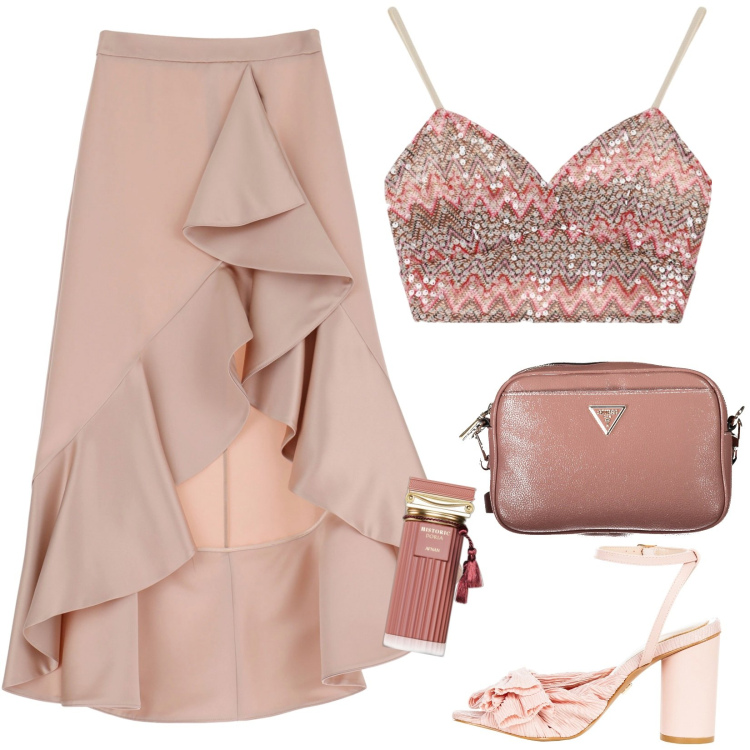 Outfit donna - Ferragosto in festa. Stile Glamour per Serata fuori. Abbinamento con profumi, gonne longuette, sandali col tacco, top, borse a tracolla.