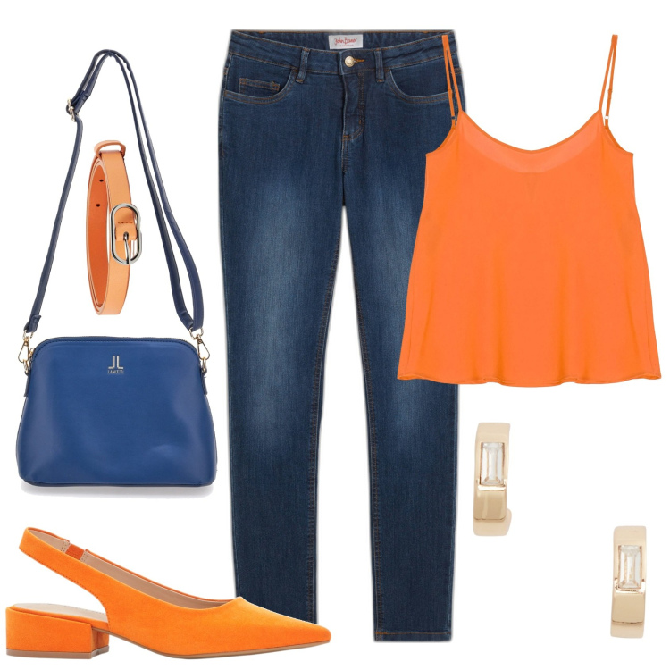 Outfit donna - Arancione per il lavoro. Stile Casual per Ufficio. Abbinamento con jeans skinny, décolleté, cinture, top, orecchini, borse a tracolla.