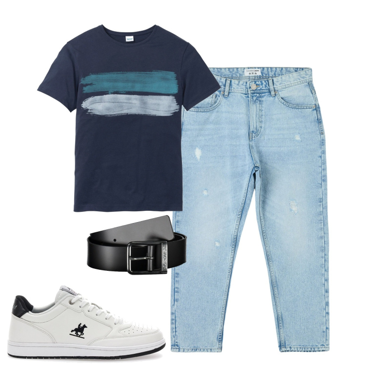 Outfit uomo - Agosto. Stile Casual per Tutti i giorni. Abbinamento con t-shirt, jeans strappati, cinture, sneakers.