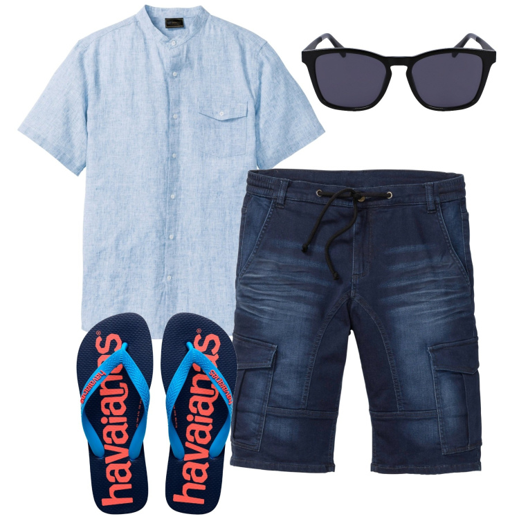 Outfit uomo - La camicia in lino. Stile Urban per Tutti i giorni. Abbinamento con camicie a manica corta, bermuda, sandali, occhiali da sole.