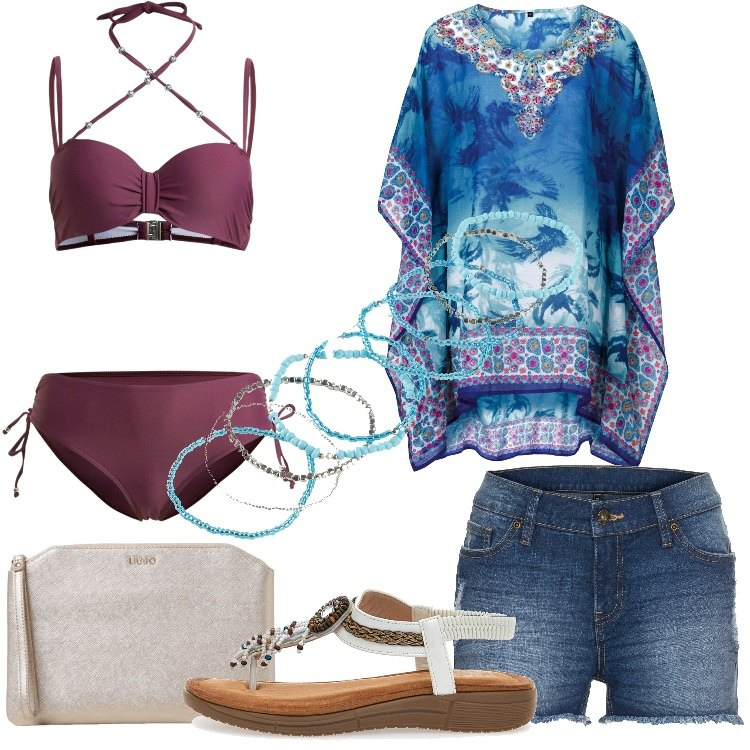 Outfit donna - Stile etnico in spiaggia. Stile Etnico per Mare. Abbinamento con braccialetti, bikini, vestiti da spiaggia, shorts, ciabatte, clutch.