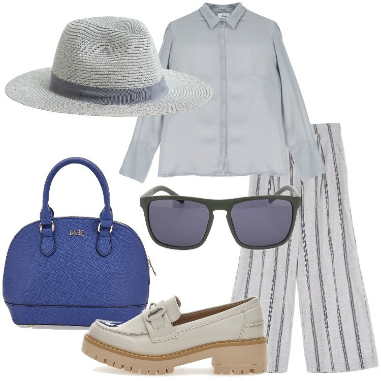 Outfit donna - Accessori estivi Mannish style. Stile Mannish per Tutti i giorni. Abbinamento con cappelli, pantaloni, camicie, mocassini, borse a mano, occhiali da sole.