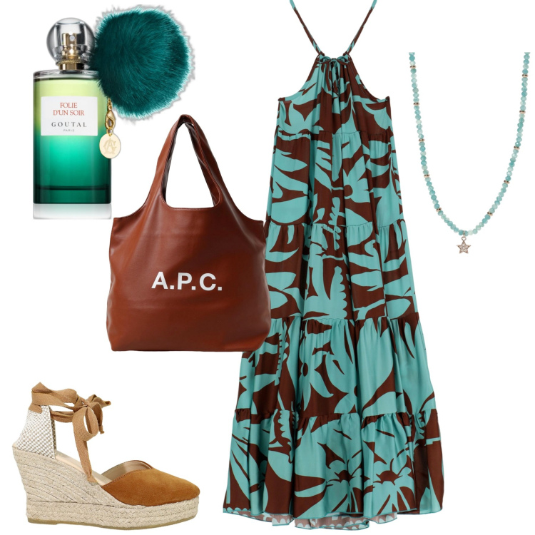Outfit donna - Abito mare. Stile Casual chic per Mare. Abbinamento con profumi, collane, vestiti lunghi, zeppe, borse a spalla.