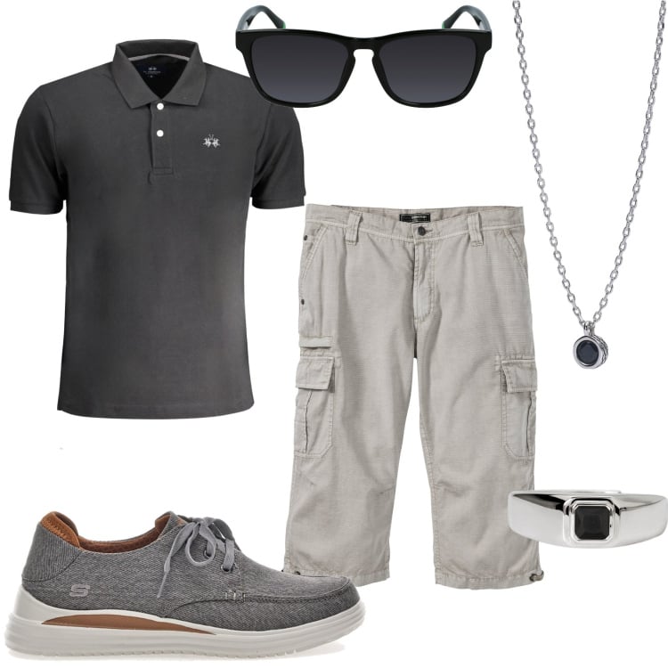 Outfit uomo - In bermuda con il caldo. Stile Trendy per Tutti i giorni. Abbinamento con bermuda, anelli, collane, scarpe stringate, occhiali da sole, polo.