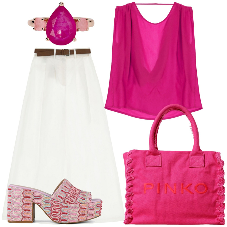 Outfit donna - Fucsia vibrante. Stile Casual chic per Tutti i giorni. Abbinamento con anelli, bluse, pantaloni a palazzo, sabot, borse tote.