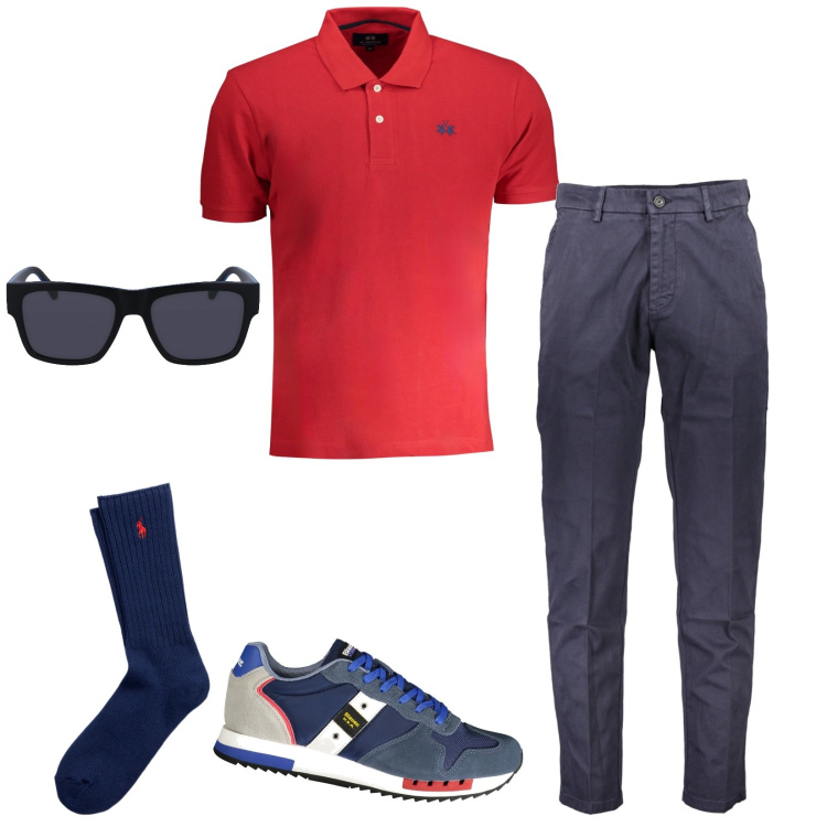Outfit uomo - Out of office. Stile Casual per Tutti i giorni. Abbinamento con calzini, pantaloni, occhiali da sole, sneakers, polo.