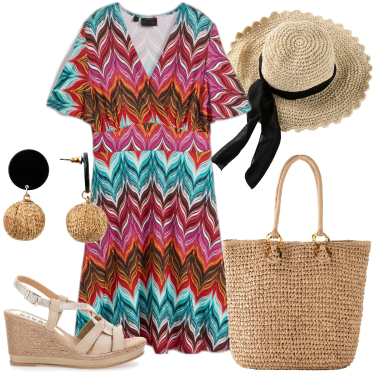 Outfit donna - Party in campagna. Stile Boho per Tutti i giorni. Abbinamento con orecchini, cappelli, shopping bag, vestiti, sandali in pelle.