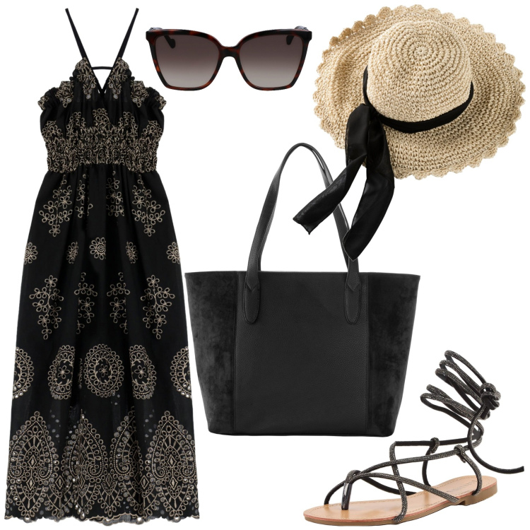 Outfit donna - Il cappello di paglia. Stile Etnico per Tutti i giorni. Abbinamento con shopping bag, cappelli, sandali alla schiava, vestiti lunghi, occhiali da sole.