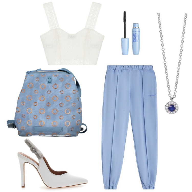 Outfit donna - Azzurro e bianco. Stile Casual per Tutti i giorni. look ideale per Petite. Abbinamento con mascara, collane, pantaloni, top, zaini, décolleté.
