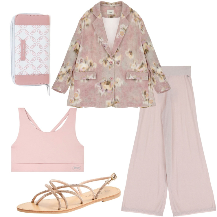 Outfit donna - La giacca con stampa impressionista. Stile Casual per Tutti i giorni. look ideale per Petite. Abbinamento con canottiere, sandali, pantaloni a palazzo, blazer, portafogli.