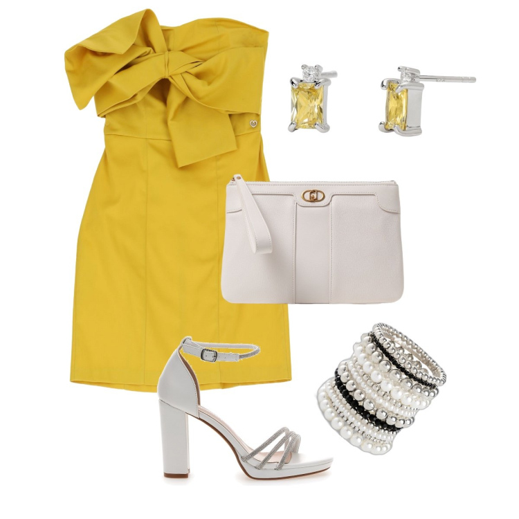 Outfit donna - Total look #1931661. Stile Chic per Serata fuori. Abbinamento con braccialetti, orecchini, vestiti corti, clutch, sandali col tacco.