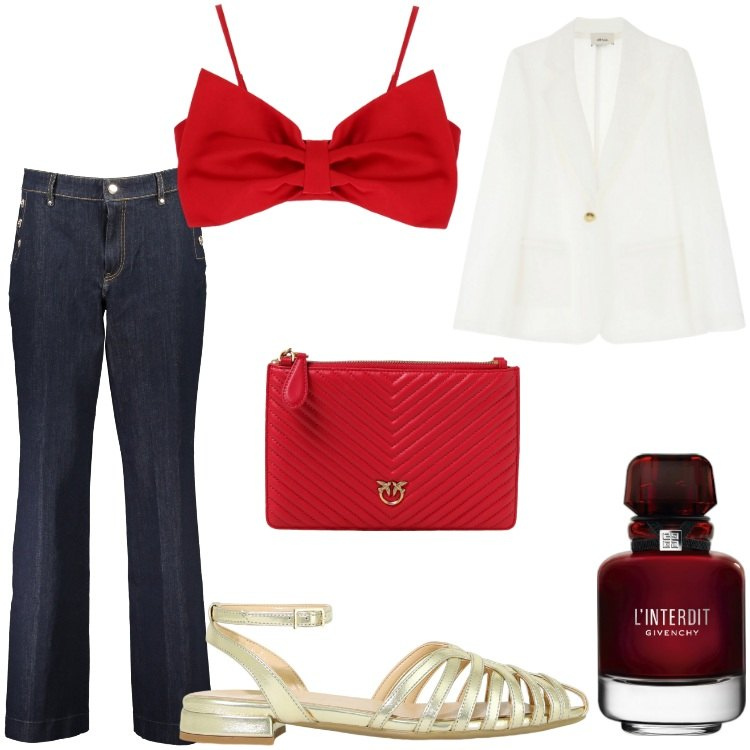 Outfit donna - red passion. Stile Romantica per Serata fuori. Abbinamento con profumi, top, sandali in pelle, blazer, jeans skinny, clutch.
