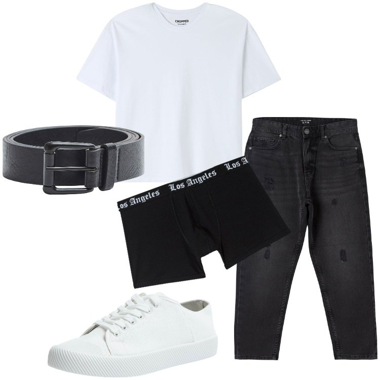 Outfit uomo - Basic. Stile Casual per Tutti i giorni. Abbinamento con boxer, t-shirt, sneakers, jeans strappati, cinture.