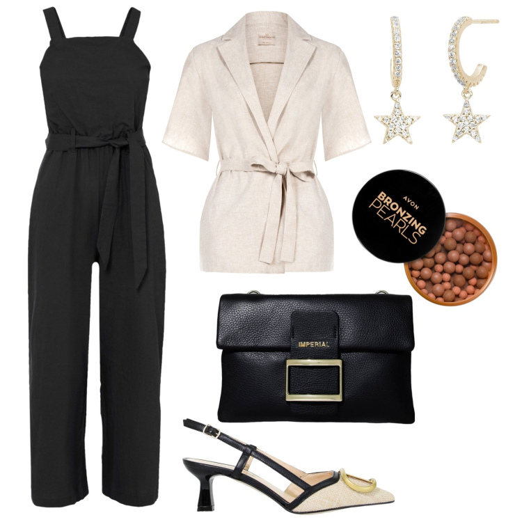 Outfit donna - Notte di San Lorenzo. Stile Bon Ton per Serata fuori. Abbinamento con tute, blush, orecchini, blazer, sandali in pelle, pochette.