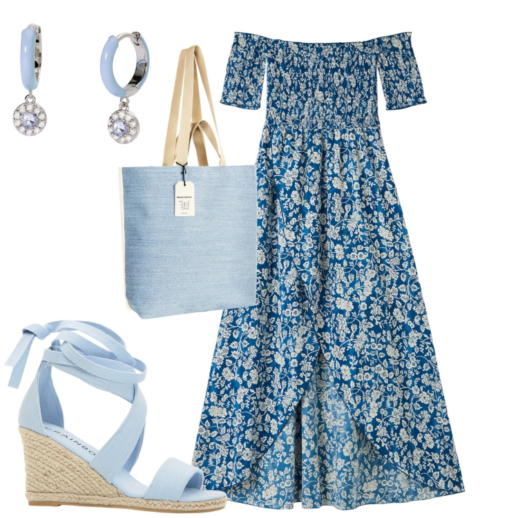 Outfit donna - Al mare. Stile Casual chic per Mare. Abbinamento con sandali, vestiti lunghi, orecchini, borse tote.