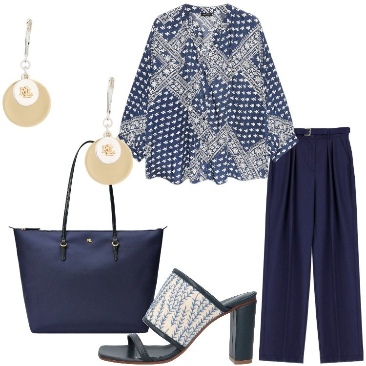 Outfit donna - Agosto in ufficio. Stile Casual chic per Ufficio. Abbinamento con sandali in pelle, pantaloni a palazzo, borse tote, orecchini, camicie.