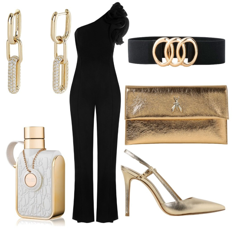 Outfit donna - Chic. Stile Chic per Cerimonia. Abbinamento con cinture, profumi, orecchini, tute, décolleté, clutch.