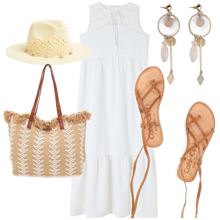 Outfit donna - Al mare. Stile Minimal per Mare. Abbinamento con orecchini, vestiti midi/longuette, cappelli, sandali alla schiava, borse a spalla.
