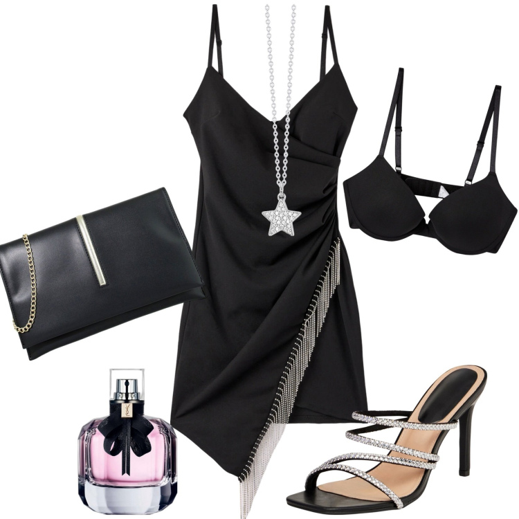 Outfit donna - Notte di san Lorenzo. Stile Sexy per Serata fuori. Abbinamento con profumi, vestiti asimmetrici, sandali col tacco, reggiseni push-up, collane, pochette.