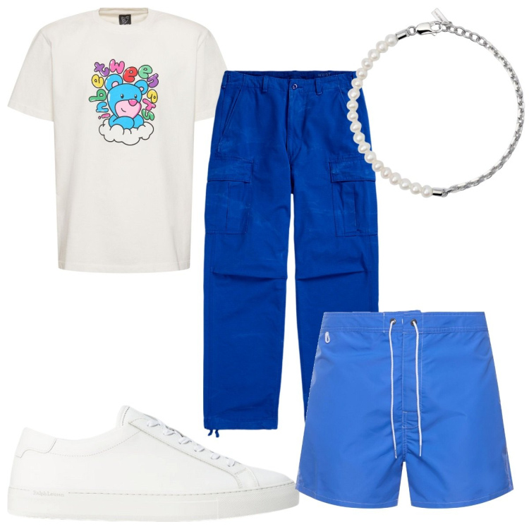 Outfit uomo - Total look #1931720. Stile Trendy per Mare. Abbinamento con braccialetti, sneakers, pantaloni cargo, costumi, t-shirt.