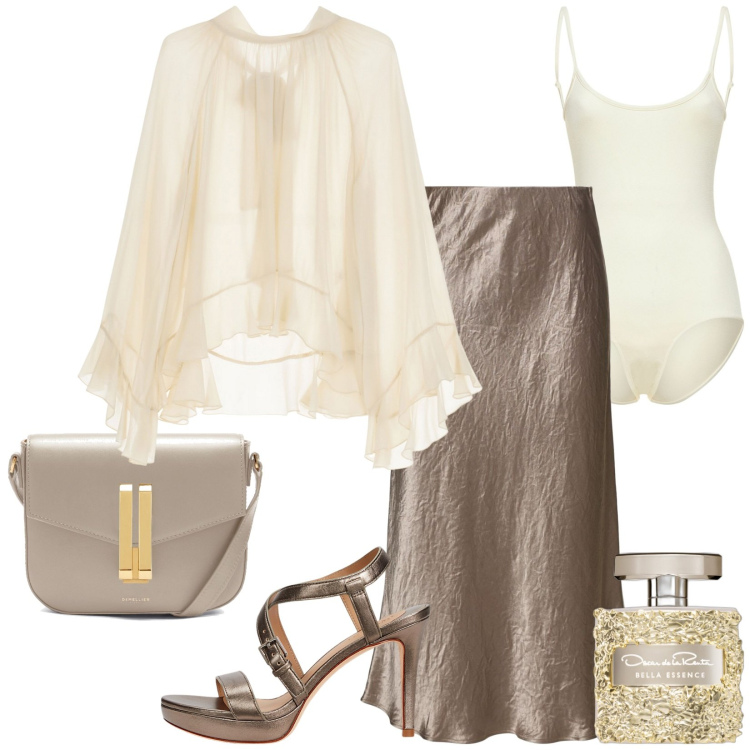 Outfit donna - Gonna in raso. Stile Chic per Serata fuori. look ideale per Tall. Abbinamento con profumi, camicie, sandali in pelle, body, borse a spalla, gonne longuette.