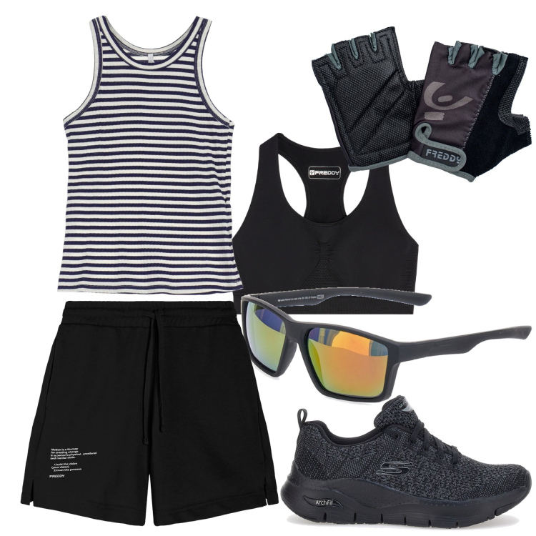 Outfit donna - Guantini e occhiali per la bici. Stile Sporty chic per Sport. Abbinamento con canottiere, guanti, pantaloni corti, reggiseni, scarpe sportive, occhiali da sole.