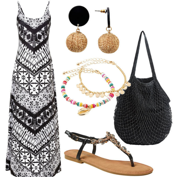 Outfit donna - Festa in spiaggia d\'estate. Stile Boho per Serata fuori. Abbinamento con orecchini, vestiti lunghi, braccialetti con ciondoli, borse a tracolla, sandali gioiello.