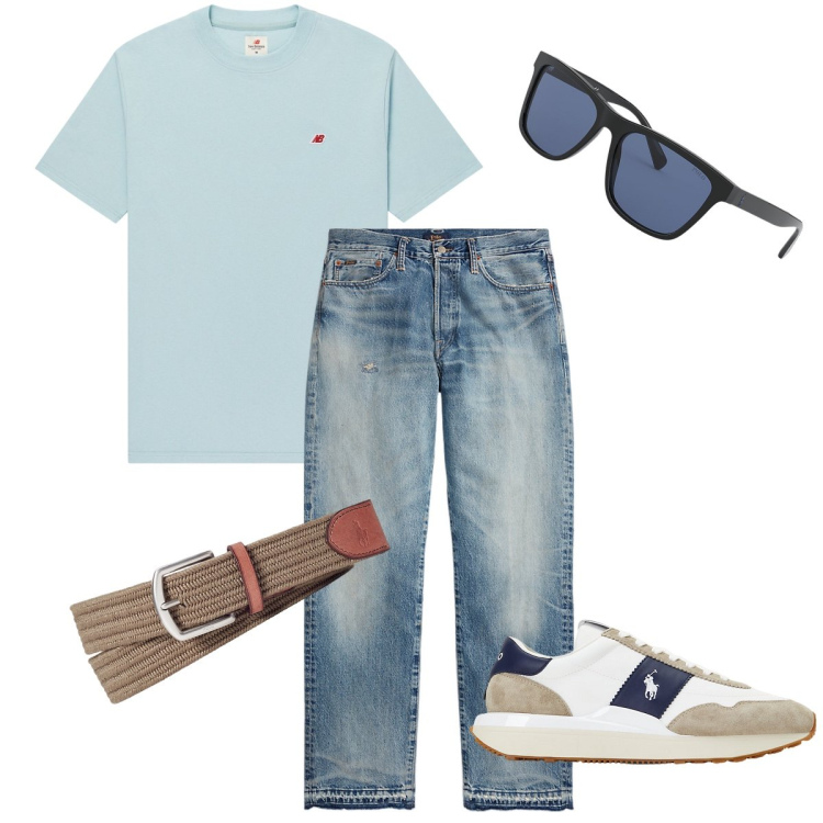 Outfit uomo - La t-shirt celeste. Stile Urban per Ufficio. Abbinamento con t-shirt, cinture, sneakers, occhiali da sole, jeans dritti.