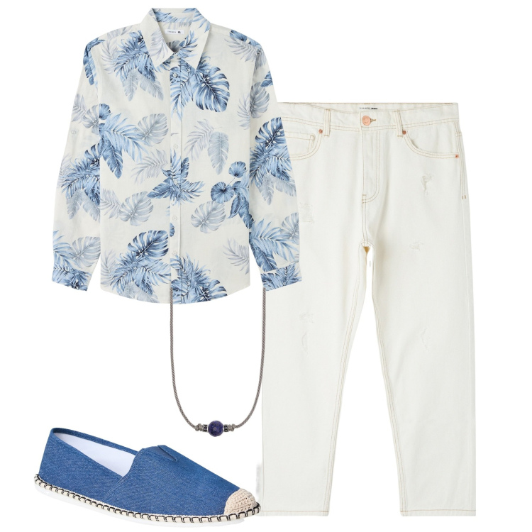 Outfit uomo - Agosto. Stile Trendy per Tutti i giorni. Abbinamento con jeans strappati, espadrillas, camicie, collane.