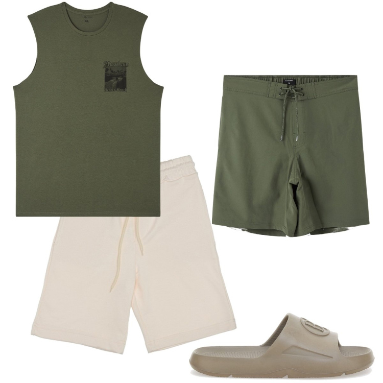 Outfit uomo - Verde militare. Stile Casual per Mare. Abbinamento con canottiere, costumi, sandali, pantaloni.