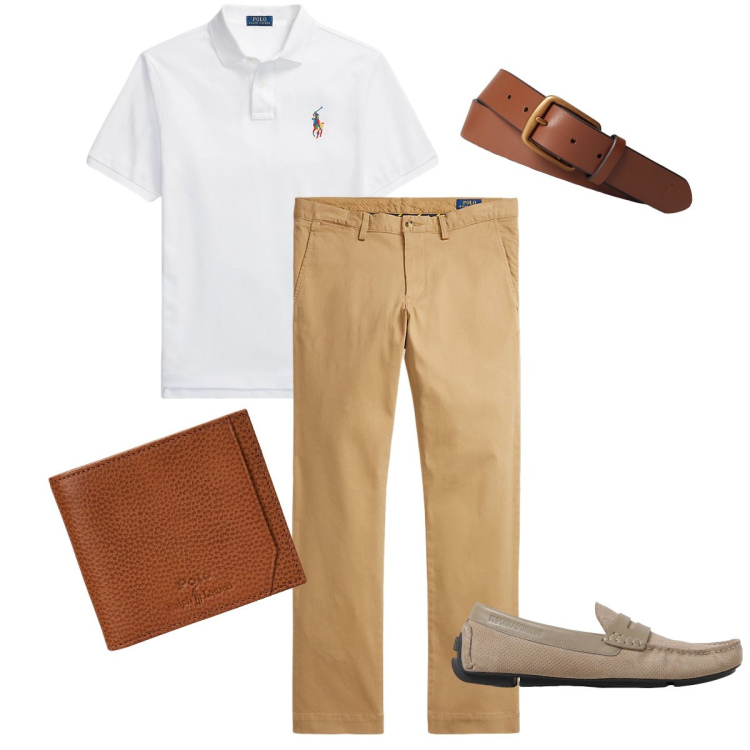 Outfit uomo - Agosto in ufficio. Stile Urban per Ufficio. Abbinamento con cinture, pantaloni, portafogli, polo, scarpe stringate.