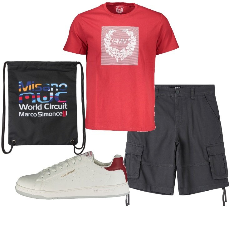 Outfit uomo - Comodo con lo zaino a sacca. Stile Casual per Tutti i giorni. Abbinamento con borse sportive, pantaloni corti, t-shirt, scarpe sportive.