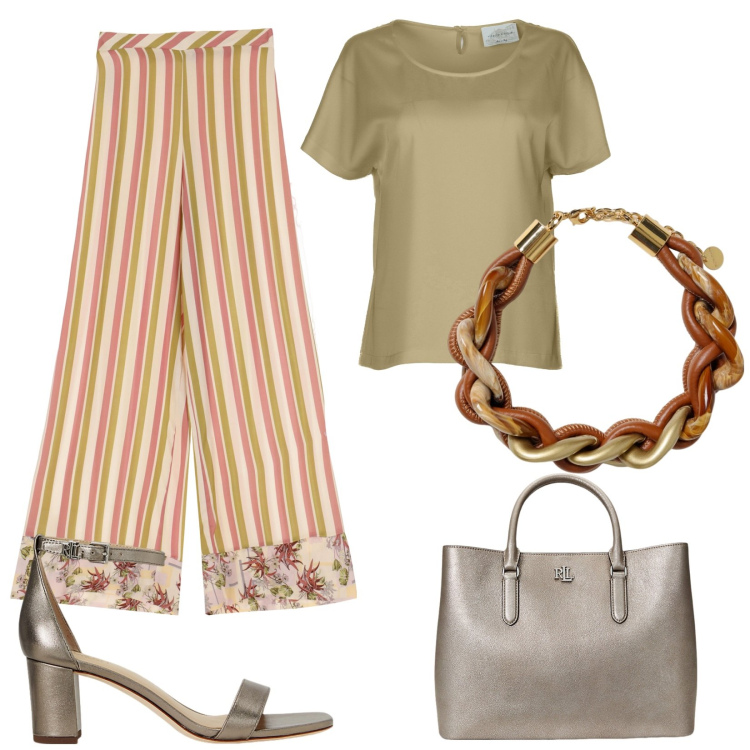 Outfit donna - Color sabbia ad agosto. Stile Trendy per Serata fuori. Abbinamento con pantaloni, borse a mano, sandali in pelle, collane, bluse.